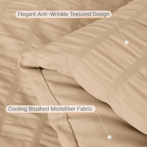 Image of MUXHOMO 7 Pieces King Comforter Set, Seersucker Bed in a Bag King Size, All Season Luxury Bedding Set with Comforter, Flat Sheet, Fitted Sheet, Pillowcases & Shams, Khaki