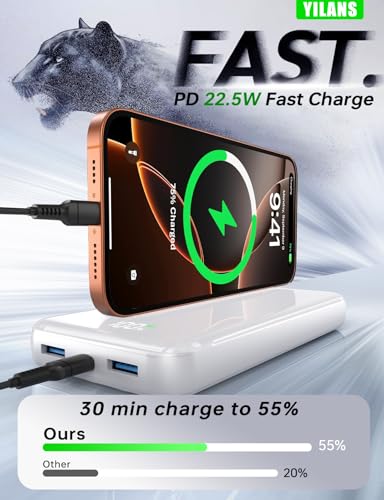 Image of Portable Charger,50000mAh Power Bank Built-in Cable, 22.5W PD USB C in & Out Fast Charging, External Battery Pack with 6 Output & 2 Input, Travel Essential for iPhone 17 /16 /15 /14 /13 /12(Creamy White)