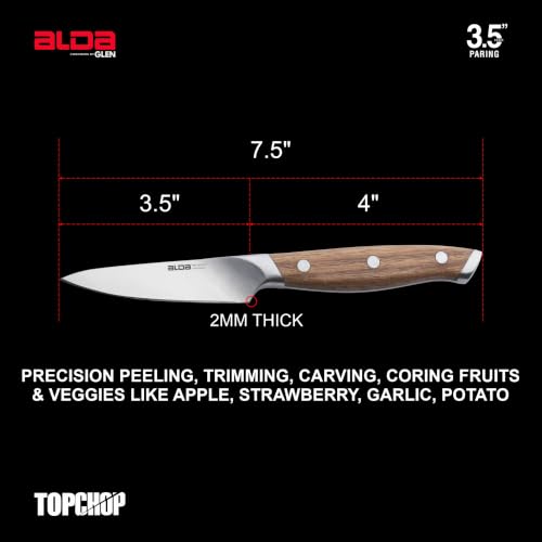 Image of Alda Top Chop Paring Knife 3.5 Inch (9 cm) - Carbon Stainless Steel Blade|Full Tang Acacia Wood Handle|Precision Peeling|Trimming, Carving & Coring Knife for Apple, Strawberry, Garlic & Potato, 57 HRC