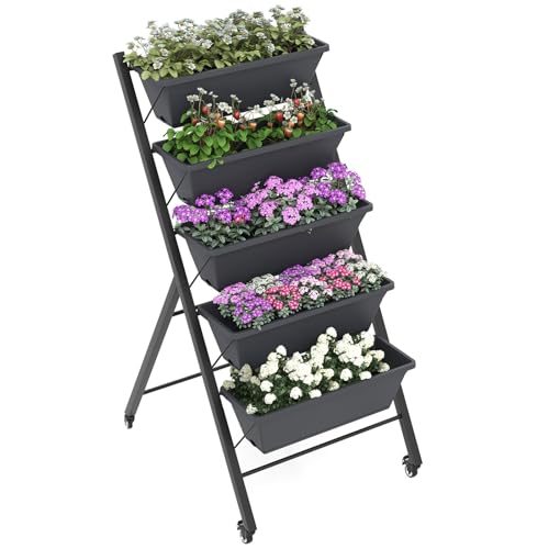 DREAMADE Vertical Garden Bed with Wheels, 5 Tier Raised Garden Bed w/Removable Planter Boxes, Lockable Wheels, Drainage Holes, Rolling Vertical Planter for Herb Vegetable Flower, Outdoor Patio Balcony
