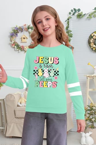 Image of LAZYCHILD Kids Easter Shirt Girls Happy Easter Shirts Rabbit Graphic Long Sleeve Striped Tee Tops 5-14 Years