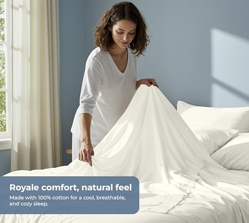 Image of ROYALE LINENS 100% Organic Cotton King Sheet Set - Percale Weave - 4 Pieces Set - 1 Flat, 1 Deep Pocket Fitted Sheet and 2 Pillowcases - Ivory Bed Sheets - Sabanas King - Crisp Cool (Ivory)
