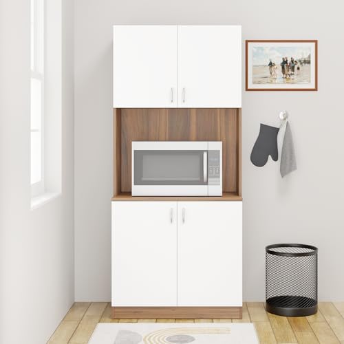 Image of VIKI Furniture | Kitchen Cabinet - 5 Tier Unit with Doors & Open Shelves, Organizer for Kitchen, Bedroom, Hallway & Living Room (Brussel Walnut & Frosty White - 40D x 80W x 180H cm) | 1 Year Warranty