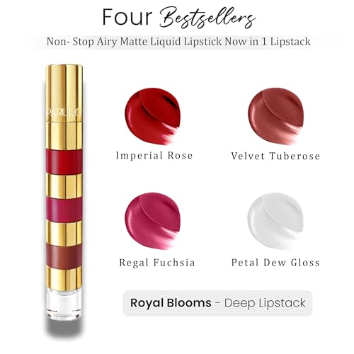 Image of Parul Garg Beauty Royal Bloom 4-in-1 Bold Shades Liquid Lipstick Stack with Gloss | Matte, Transfer-Proof, Lightweight | Travel Friendly Stackable Lipsticks for Women | Made for Indian Skin Tones