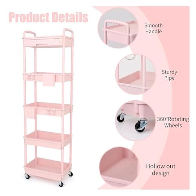 ´¢Îï³µ 5 Tier Rolling Utility Cart with Drawer,with Drawer & Extended Poles,with Plastic Shelf & Lockable Wheels,Smooth Mobility(Color77)-ZyTOme37