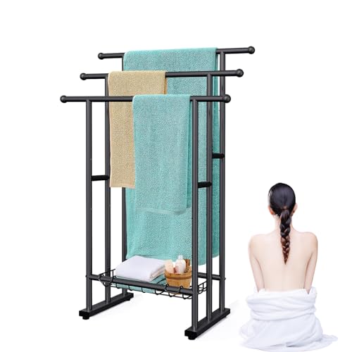 Portasciugamani Metallo Nero da Terra, Port asciugamani Autoportante con 3 Bracci, Stabile Portasalviette bagno con Mensole per Accappatoi Teli e Coperte, 45×32×102 cm (Nero)