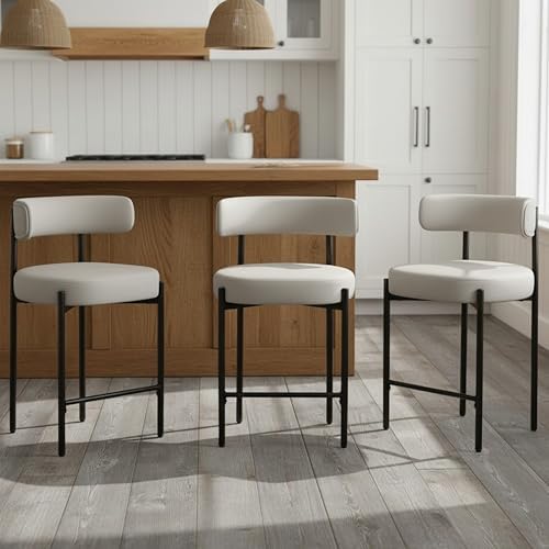 24" Counter Height Bar Stools Set of 3, Faux Leather, Beige Grey