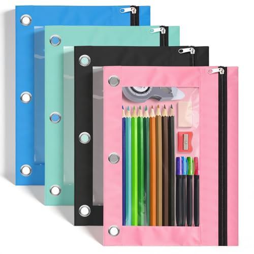 AZUREAL Pencil Pouch for 3 Ring Binder 4 Pack Colorful Binder Pencil Pouch with Clear Window Sturdy and Durable Oxford Cloth Binder Accessories for Office School Supplies