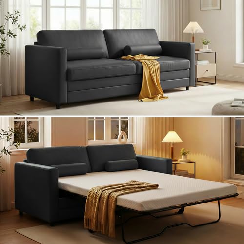 BALUS 73“ W Full Size Pull Out Sofa Bed, Convertible Sleeper with Memory Foam Mattress, Modern Faux Leather Loveseat Couch for Apartment Living Room, Includes 2 Bolster Pillows - Dark Grey