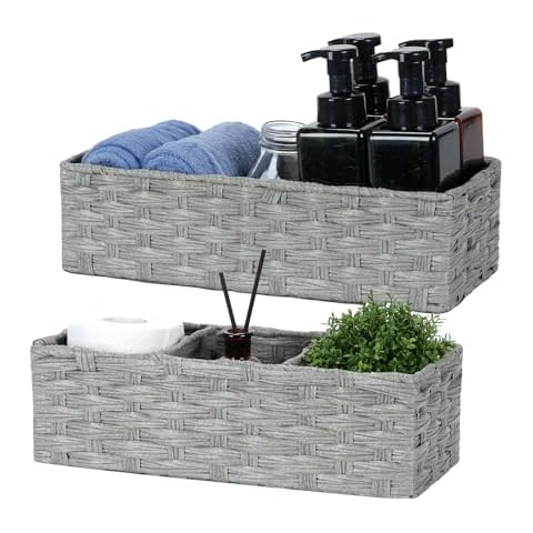 Bidtakay Narrow Wicker Bins for Organizing 2-Pack Decorative Baskets for Washroom Waterproof Imitation Small Wicker Storage Baskets for Shlef Closet Bedroom Entryway Office Desk Light Grey Cover