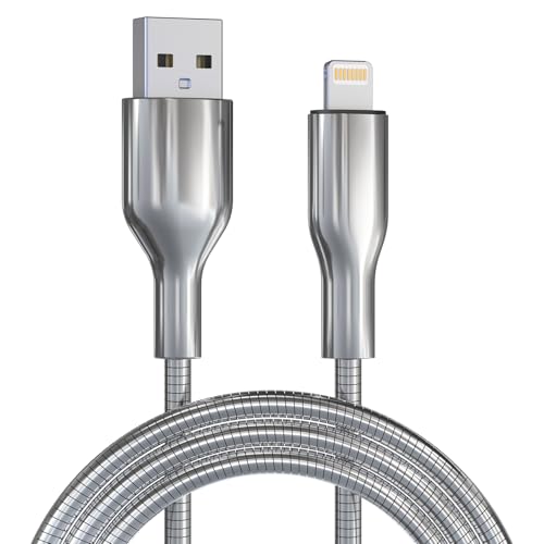 Image of 6FT Chew Proof iPhone Charger Cord - MFi Certified Silver Metal Braided USB to Lightning Cable, Metal Dog Cat Chew Proof iPhone Charging Cord with Data Transfer, for iPhone 14 13 12 11 X XS XR 8 7 6 5