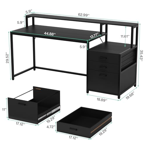 Image of Tribesigns 63 Inch Computer Desk with File Drawer Cabinet, Ergonomic Office Desk with Monitor Stand, Industrial Computer Table with Printer Space, Wood PC Table Workstation Desks for Home Office