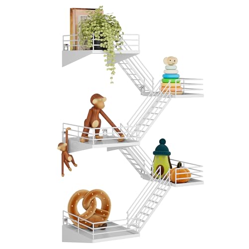 MVPSONAG Fire Escape Shelf - 5 Tier Large White Metal Fire Escape Wall Shelves with Baskets, New York Action Figurine Display Shelf, Unique Rustic Floating Decorative Wall Shelves for Home