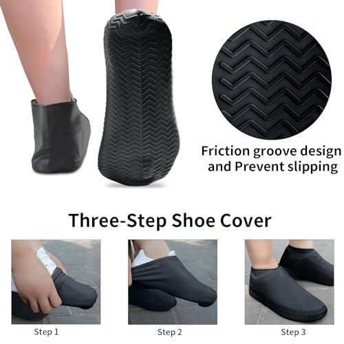 Image of Waterproof Shoe Covers - Upgrade Silicone Rain Shoe Covers Reusable Non-Slip Washable for Rainy and Snowy Outdoors Garden etc, Rain Boots for Men Women Kid (Large, Black)