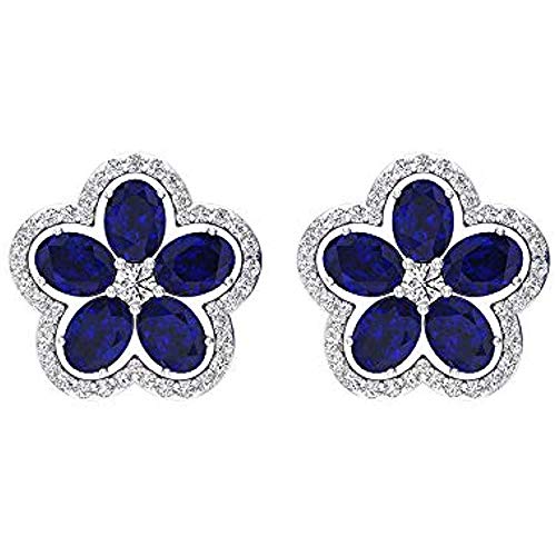 Ritika Created Oval Cut Blue Sapphire Gemstone 2.10 Ct 925 Sterling Silver 14K White Gold Over Halo Flower Stud Earring for Women