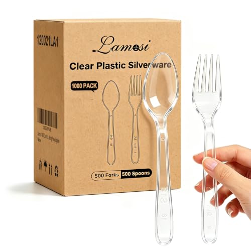 Image of Lamosi 1000 Count Extra Heavy Duty Clear Plastic Forks and Spoons | Disposable Plastic Silverware BPA-Free, Heat Resistant for Wedding Party Supplies, 500 Forks, 500 Spoons