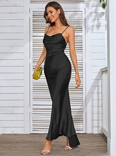 Aigeman Women's Cowl Neck Elegant Mermaid Satin Wedding Party Dress Backless Evening Gown Cocktail Maxi Dress 72086 (Small, Black) #TOP4