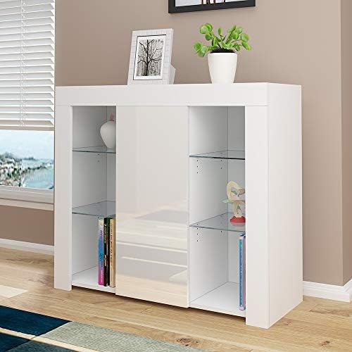 Modern Cabinet Cupboard Unit With RBG LED High Gloss Front Living Room Storage Unit with 1 Door Sideboard Display (White)
