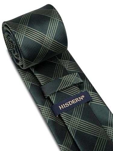 Image of HISDERN Plaid Ties for Men Classic Checkered Tie and Pocket Square Cufflinks Tie Clip Set Woven Men's Necktie Business