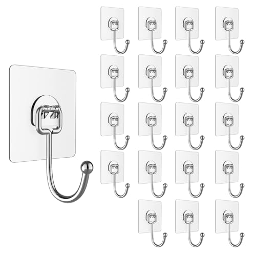 Image of BRAND VILLA Self Adhesive Wall Hooks Pack of 20 Heavy Duty Strong Sticky Waterproof No Drill Wall Hook for Bathroom Kitchen Home Keys Towels Utensils Transparent Utility Hooks