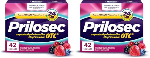 Prilosec OTC, Omeprazole Delayed Release 20mg, Acid Reducer, Treats Frequent Heartburn for 24 Hour Relief, All Day, All Night*, 20mg, Wildberry Flavor, 42 Tablets (Pack of 2)