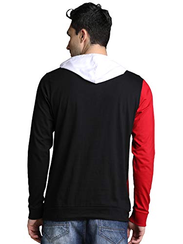 Image of LEWEL Men's Stylish Hooded Full Sleeve Colorblock T-Shirt (Red, White, Black)