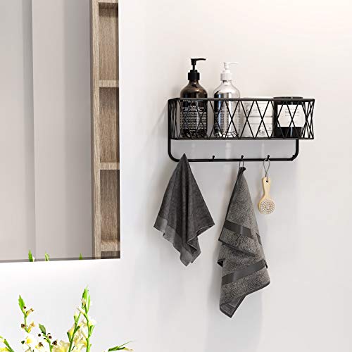 OROPY-Entryway-Mail-Holder-with-Key-Hooks-110-L26-W51-H-Wall-Mounted-Matte-Black-Metal-Wire-Mesh-Storage-Basket-with-5-Hooks-Easy-to-Organize-Letters-Magazines-Keys-Leashes-for-Entryway