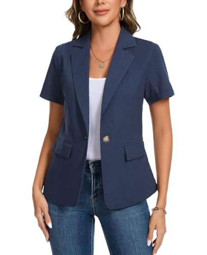 MINTLIMIT Women's Blazers & Suit Jackets Button Front Short Sleeve Jacket Lapel Collar Cotton Linen Blazers Casual Workwear with Pocket,Navy Blue,L