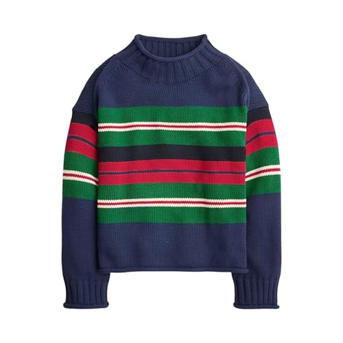 Women's Oversized Roll Neck Sweater Long Sleeve Chunky Knit Pullover Cozy Fall Winter Tops Casual Loose Knitwear(Navy-Multi-Stripe,S)