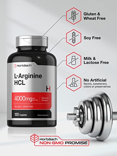 Horbäach CL3791 L-Arginine Hcl 4000Mg | 120 Caplets | Maximum Strength Nitric Oxide Precursor | Vegetarian, Non-Gmo, Gluten Free Supplement thumb #3