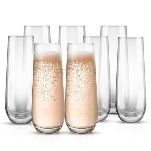 KooK Champagne Flutes, Champagne Glasses, Mimosa Glasses, Stemless Champagne Flutes, Set of 8, 9.4oz, Rose, Prosecco, for Weddings and Parties, Dishwasher Safe