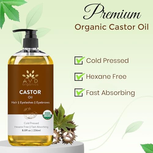Image of AVD ORGANICS Castor Oil 236 ML 100% Pure USDA Certified Organic Castor Oil for Hair Growth Big Bottle with Pump (8 oz)