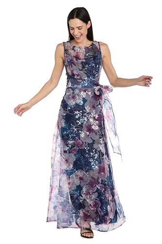 R&M Richards Womens Elegant Floral Organza Evening Gown W/Illusion Neckline & Self Tie Sash - Wedding Guest Cocktail Party