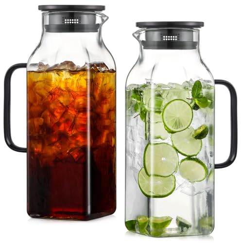 2 Pack 2 Liters/68 oz Square Glass Pitcher with Lid and Handle for Fridge, Iced Tea and Coffee Carafe Beverage Serveware, Heat Resistant Borosilicate Water Black Jug for Hot/Cold Drinks and Milk