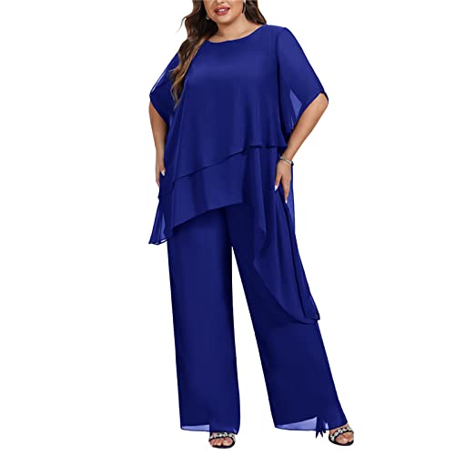 Zongqiven Women's 2 Pcs Plus Size Mother of The Bride Pant Suits Chiffon Asymmetric Flowy Tunic & Pant Outfit Set2