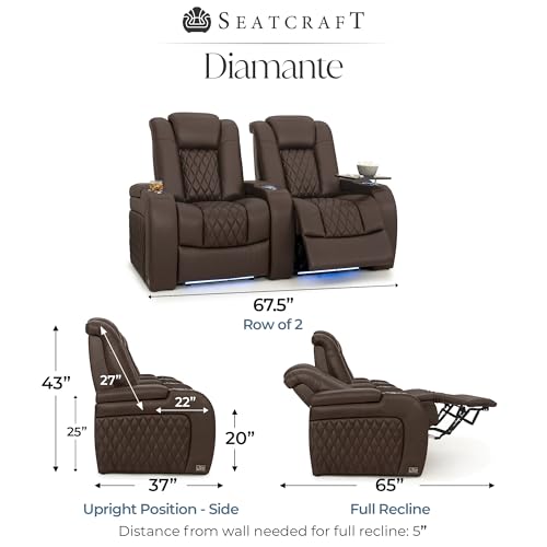 Image of Seatcraft Diamante Brown Italian Leather Home Theater Seating, Zero Gravity Power Recliner Gaming and Home Office Chair, Powered Headrest Lounge Sofa Furniture for Cinema Room, Row of 2