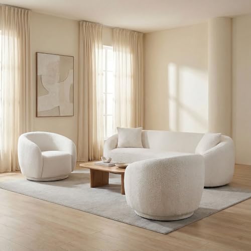 Image of 93.31 inch Curved Sofa Set, 3-Seater Modern Boucle Sofa with 2 Swivel Barrel Chairs, Solid Wood Frame, Deep Seat No Assembly Required, Living Room Sofa Set for Apartment, White