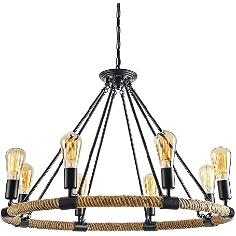 ULLGO Rustic Style Wagon Wheel Chandelier Industrial Rope Round Pendant Lamp Black Farmhouse Chandelier Hanging Lights for Dining Room Kitchen Island Cafe Bar (Size : 8 Lights) Cover