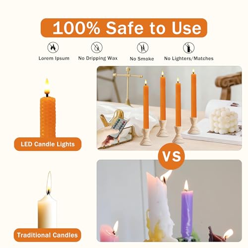 Image of Beeswax Honeycomb Flameless LED Taper Candles, 9.5 Inch Flickering Wax Candles with Remote & Timer, Orange Battery Operated Dripless Tapered Candle for Home Wedding Decor, 4 Pack