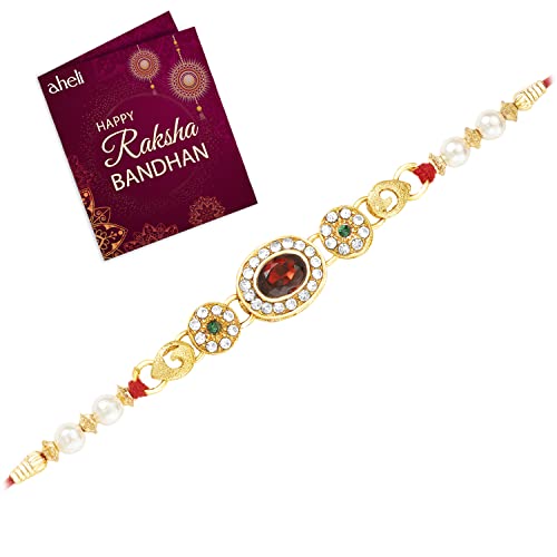 Aheli Hilo hermoso Rakhi para Brother Beads Kundan Raksha Bandhan Rakhi especial con tarjeta de felicitación, Talla única, Tela, cristal Cover