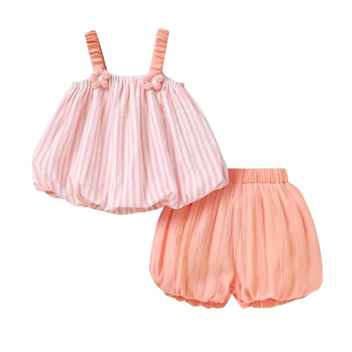 Image of CBHAIBLYD Toddler Baby Girl Boho Strip Outfit Sets Sleeveless Shirt and Bubble Shorts Summer Clothes 9M-4T