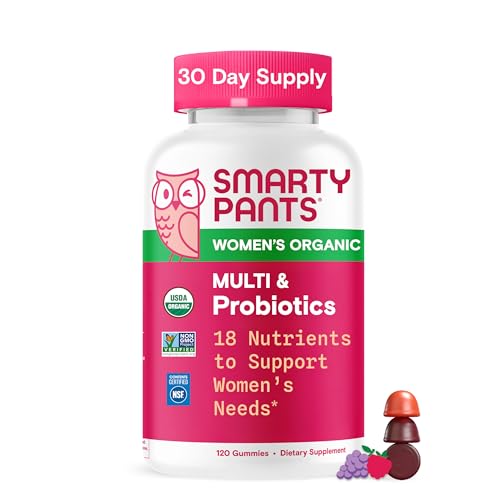 SmartyPants Organic Women's Multivitamin Gummies: Biotin, Probiotics, Methylfolate, Omega 3 (ALA), Vitamin D3, C, Vitamin B12, B6, A, K & Zinc, Inositol, Gluten Free, 120 Count (30 Day Supply)