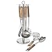 Heavy Duty Wood Utensils - Kitchen Utensil Set w/Stainless Steel Stand: Spatula, Serving Spoon, Soup Ladle, Whisk, Potato Masher & Spaghetti Server Cooking Utensils - By BBQ-Aid
