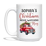 Personalized Christmas Movie Watching Mug - Custom White Ceramic Cup With Name, Red Truck and Xmas Tree Design - Gift for Kids, Family (11oz, 15oz)