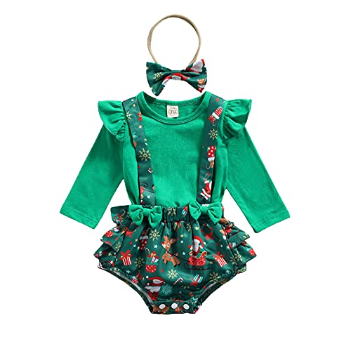 Image of Christmas Infant Baby Girls Romper Dress Plaid Ruffles Long Sleeve Bowknot Skirt Hem Jumpsuits Headband