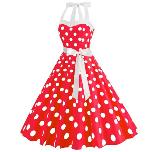 Woblesal Vintage Polka Dot Party Dresses A-Line Halter Neck Swing Dress with Belt Audrey Hepburn 50's 60's Party Costume Gown - Image 5