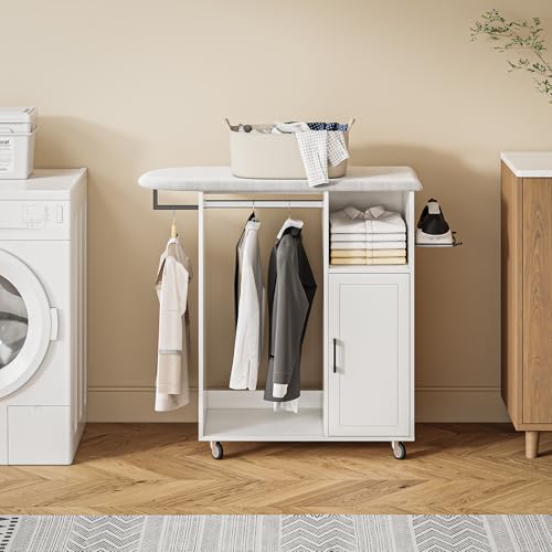 Rolling Ironing Board with Storage Cabinet, Multipurpose Wooden Ironing Cabinet with Wheels, Ironing Table with Heat-Resistant Sponge