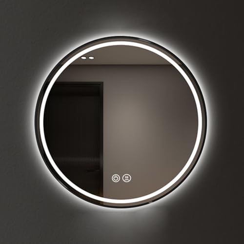 SXKJQER Espejo Baño Redondo con Luz 50cm, Espejo De Pared con Botón Táctil Inteligente, Espejo Baño con Luz con Atenuación Antivaho Cambio De Color, Bastidor De Aleación De Aluminio(Noir,50x50cm)