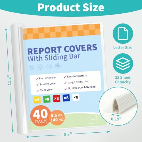 image for Binditek 40 Pack Clear Report Covers with Sliding Bars, 25 Sheet Capac
