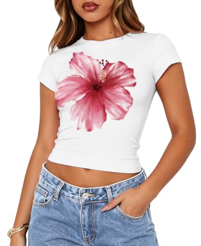 MUEESERY Womens Floral Graphic Tees Y2K Tops Summer Baby tees Slim Fit Crewneck Tshirts,Pink Hibiscus WhiteM